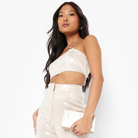 Ivory Sequin Strappy Cutout Crop Top Blouse - Picture 6 of 10